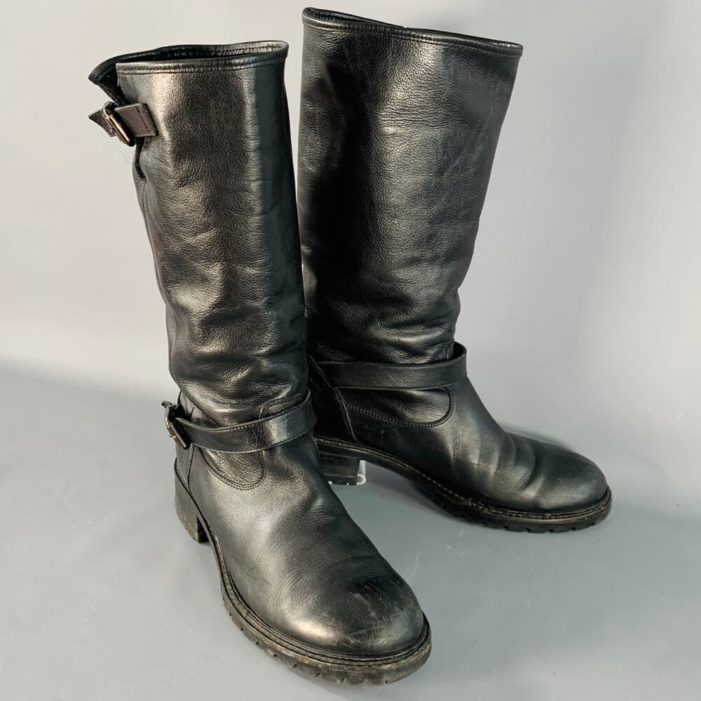 FENDI Size 9 Black Leather Shearling Lined Pull On Buckle Boots